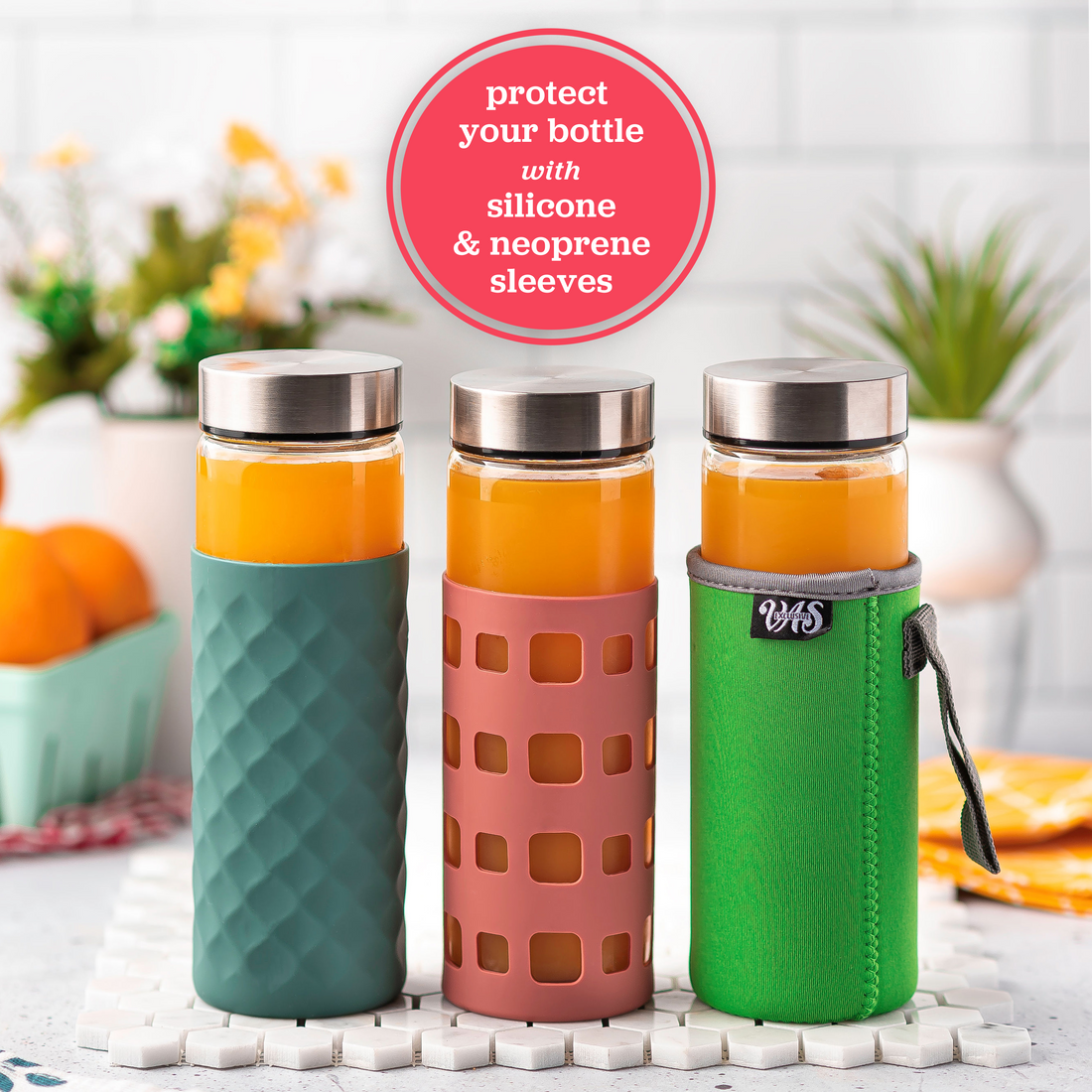 Skinny 16oz Wide Mouth Glass Bottles w/ Stainless Lids