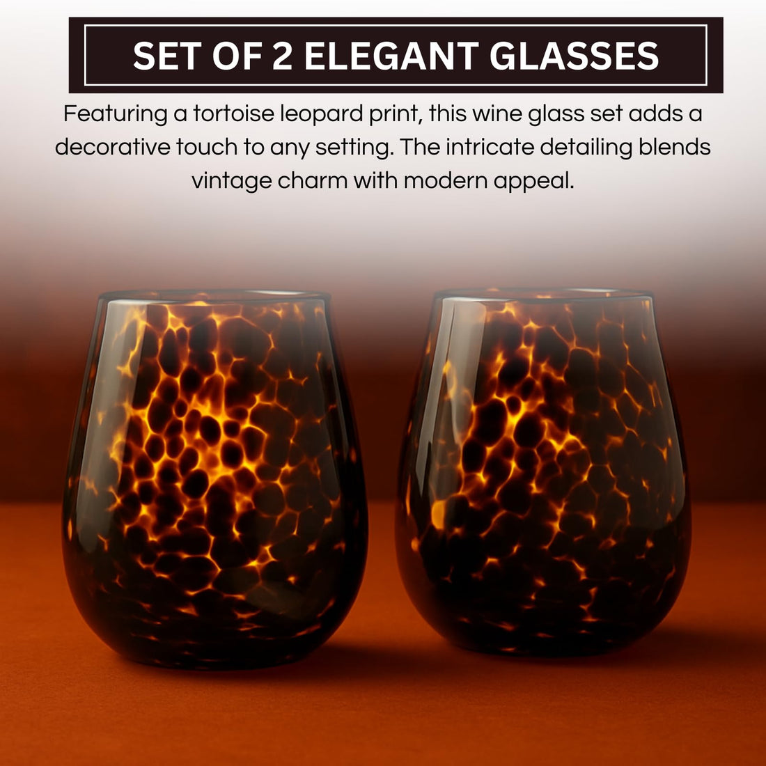 Leopard Print Amber Stemless Wine Glasses – Set of 2