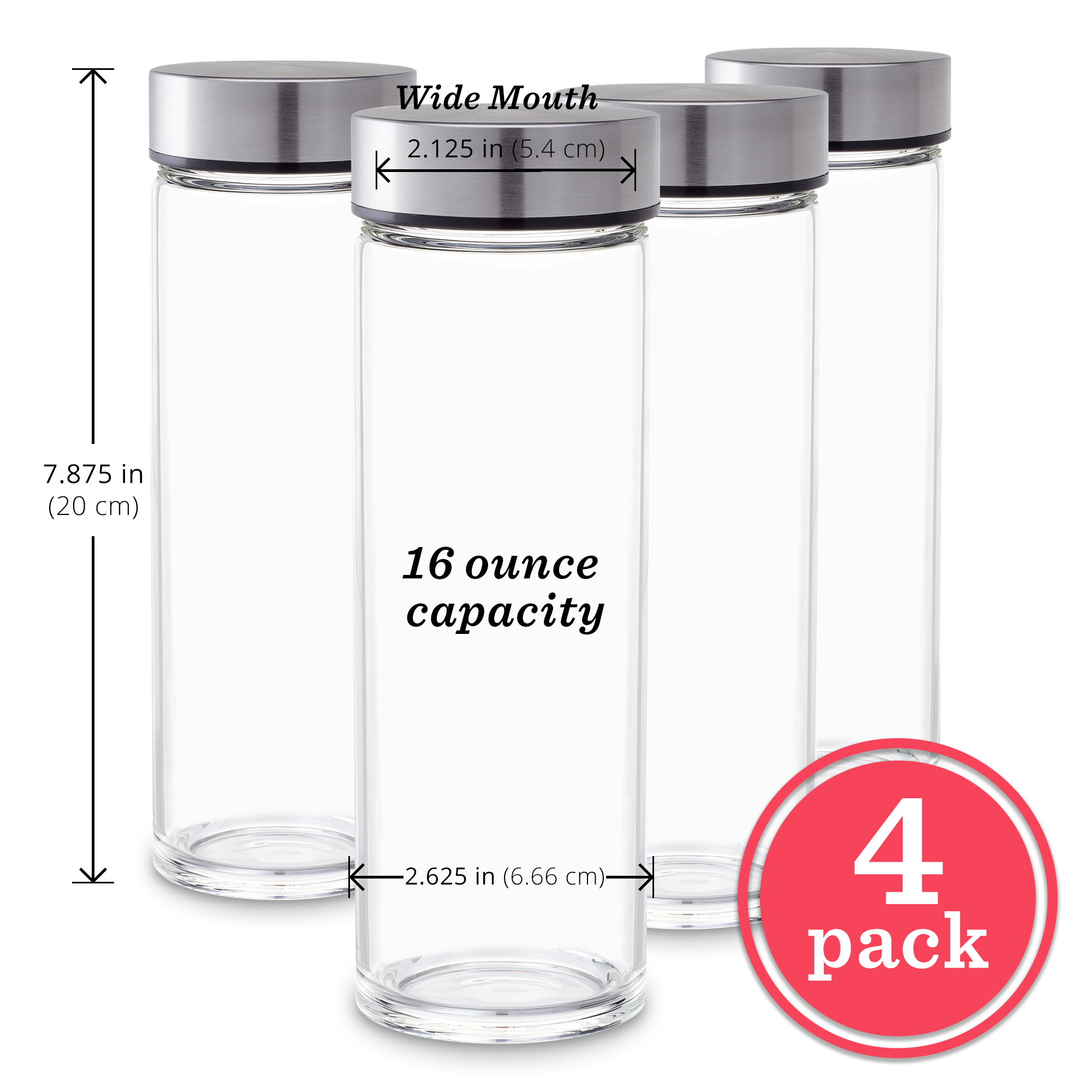 Skinny 16oz Wide Mouth Glass Bottles w/ Stainless Lids