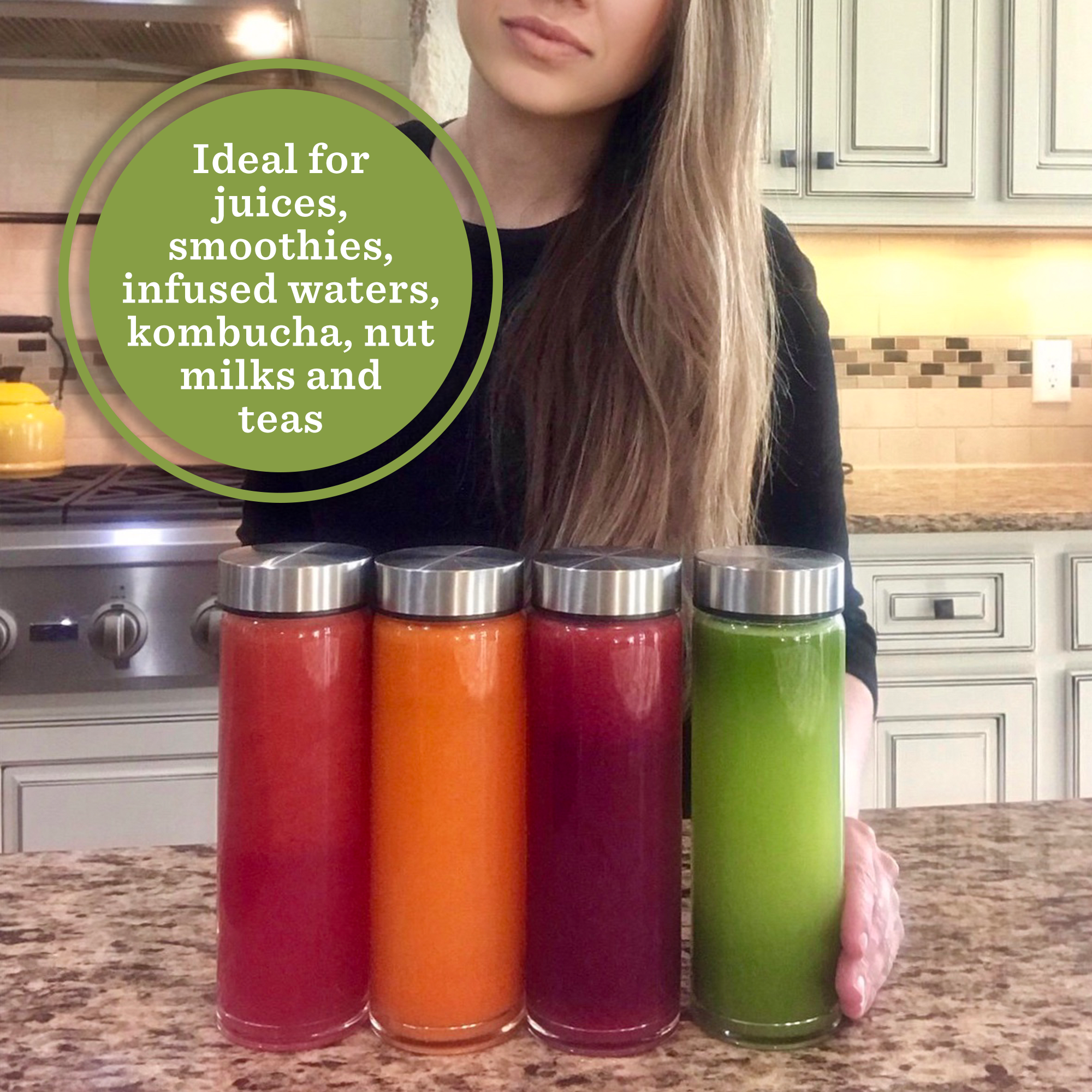 Skinny 16oz Wide Mouth Glass Bottles w/ Stainless Lids