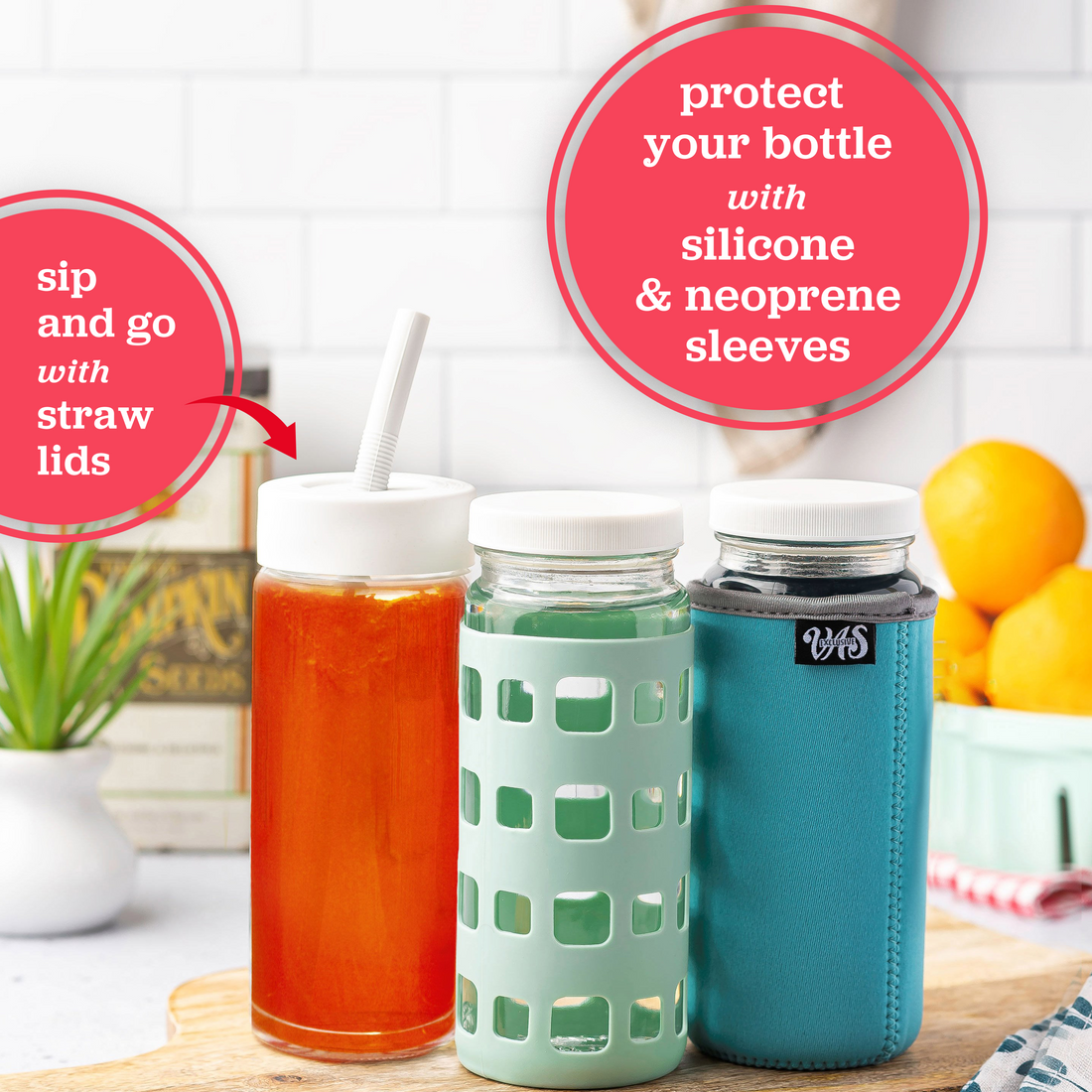 Wide Mouth 16oz Glass Bottles w/ Lids & Silicone Liner