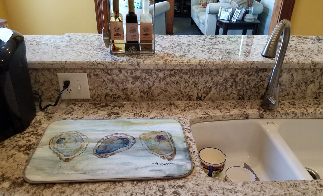 Oysters Watercolor Dish Drying Mat – Absorbent, Artistic Kitchen Essentials SC2001DDM